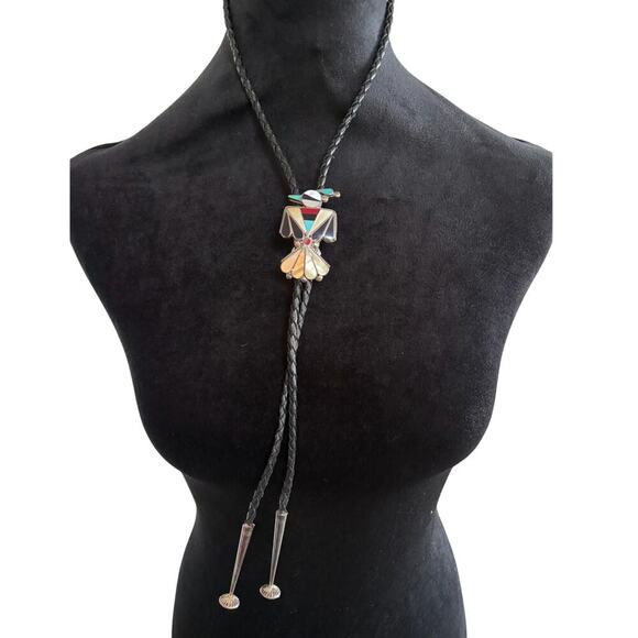 Vintage Zuni Peyote‎ Bird Bolo Tie Turquoise Coral Inlay Sterling Style - Picture 6 of 6